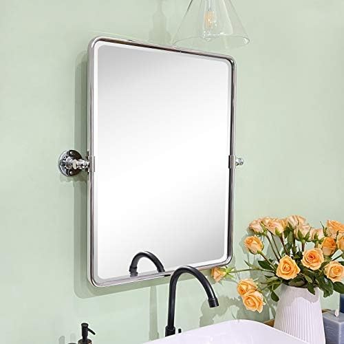Farmhouse Chrome Metal Framed Pivot Rectangle Bathroom Mirror Rounded - Image 4