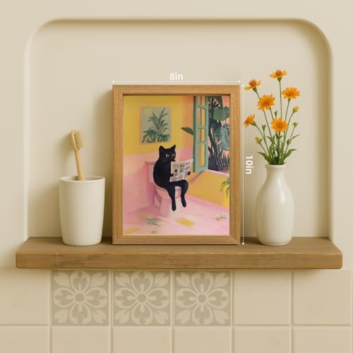 Cyebmo Funny Bathroom Wall Art, Cute Black Cat Sitting on Toilet Reading - Image 2