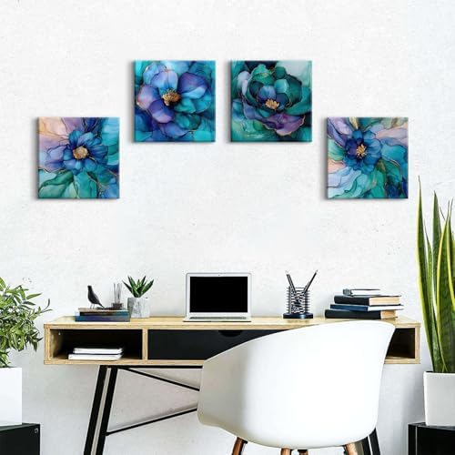 BL BORLINART Teal Blue and Gold Flower Wall Art Modern Wall Decor Abstract - Image 4