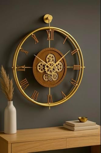 Large Moving Gear Wall Clock – Luxury Metal Ring Roman Numeral Silent by Unknown