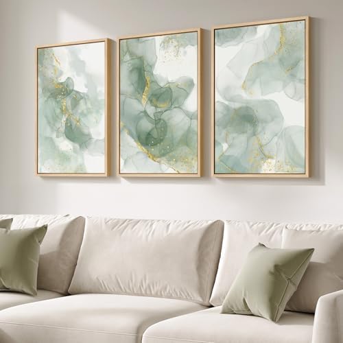 Large Framed Sage Green Gold Abstract Wall Art, 3 Piece Set, Each 20x30 In by Cuspin