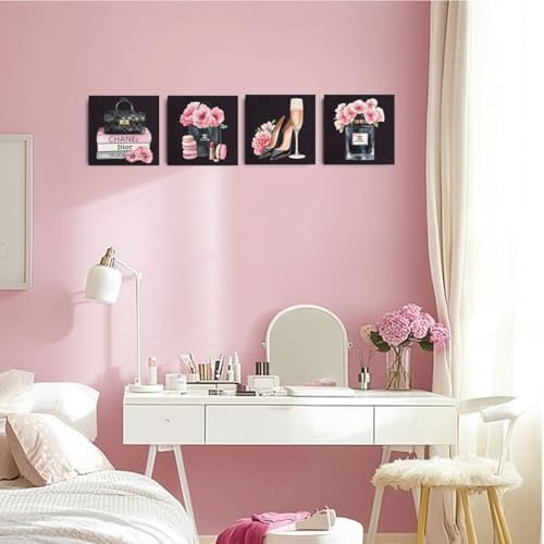 4 Pcs Fashion Canvas Wall Art, Framed Pink and Black Wall Decor 8 x 8 Inch - Image 4