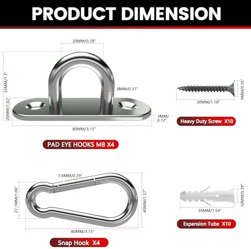 sprookber 304 Stainless Steel Pad Eye Snap Hook, M8 Ceiling Hook 1200Lb - Image 4
