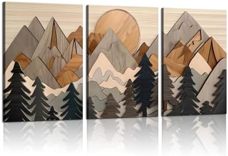 Set of 3 Mountain canvas Wall Art Large Forest Wall Decor pictures Woodcut by Unknown