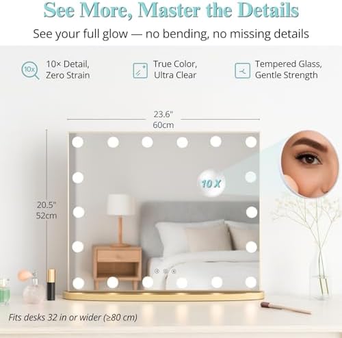 LUXFURNI Vanity Mirror with Lights, 23.6" Hollywood Makeup Mirror Gold - Image 4