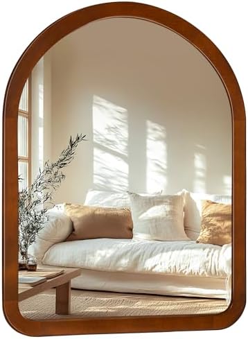 Arched Mirror 30 x 40 Inch, Walnut Brown Wood Rustic Bathroom Tempered Wall by Culer