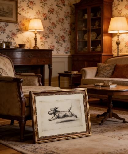 Vintage Gold Framed Running Dog Antique Terrier Sketch Wall Art 16x24in - Image 4