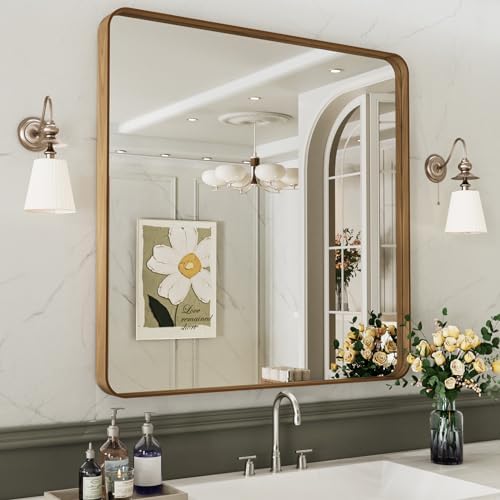 LOAAO 30X30 Bathroom Mirror, Wood Grain Colored Metal Frame - Image 4