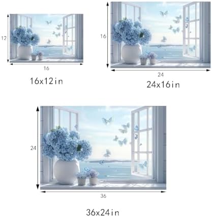 Open Window Canvas Wall Art Blue Hydrangea Floral Vase Butterfly Wall Decor - Image 3