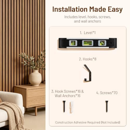 Amsleekey 4-Pack 108″x11″ Acoustic Wood Slat Wall Panels, 8 Hooks - Image 4