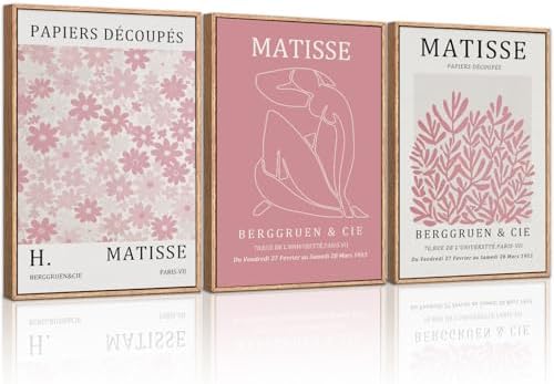 HLNIUC Matisse Pink Wall Art, Neutral Pink Flower Framed Canvas Wall Decor Set by HLNIUC