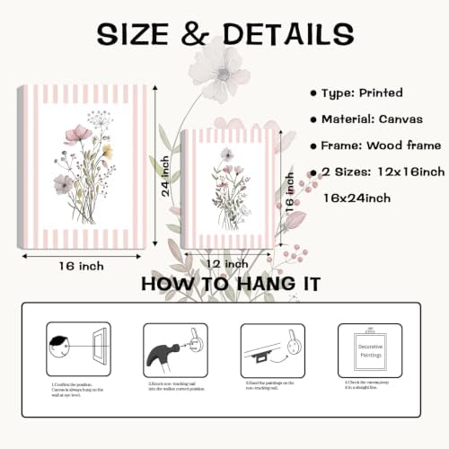 SEHSUVC Trendy Boho Pink Flowers Canvas Wrapped Wall Art Set of 3 24x16in - Image 3
