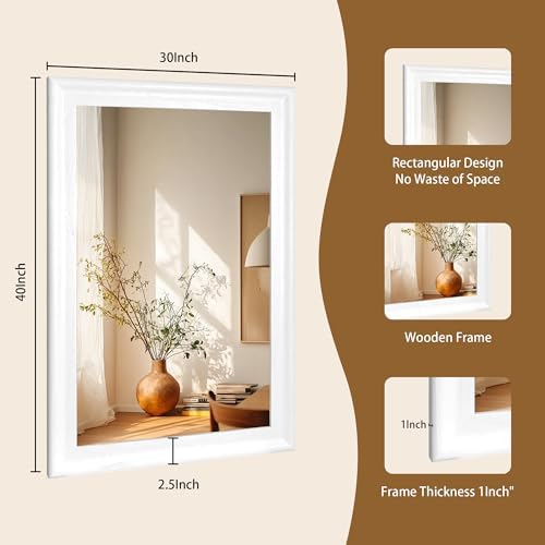 White Wood 30 x 40 Inch Mirror for Bathroom, Rectangle Vanity Wall Mirror - Image 7