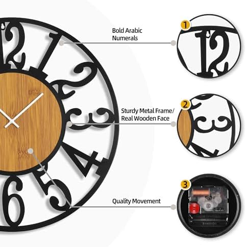 32" Extra Large Wall Clock, Silent Rustic Metal Wood Face Decorative Clock - Image 3