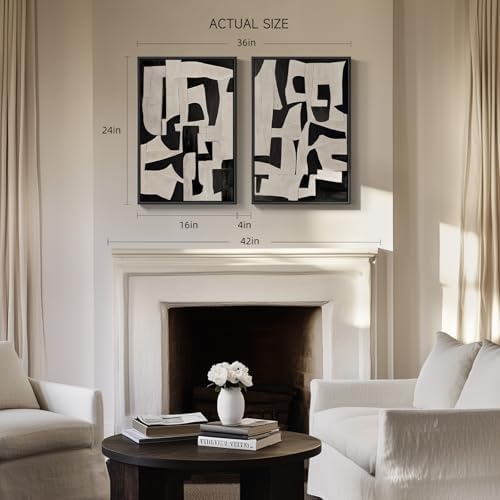 Framed Modern Black Beige Abstract Canvas Wall Art Decor Set of 2, 16x24 In - Image 3