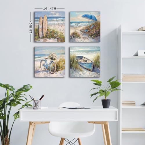 Coastal Beach Canvas Wall Art Blue Seaside Flower Landscape Wall Decor - Image 2
