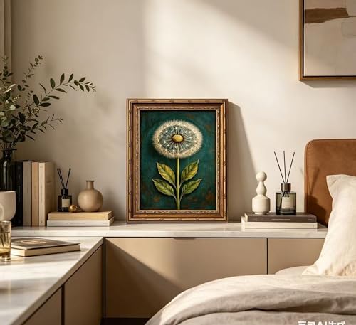 Vintage Gold Framed Dandelion Canvas Wall Art, Teal Background Botanical Oil - Image 4