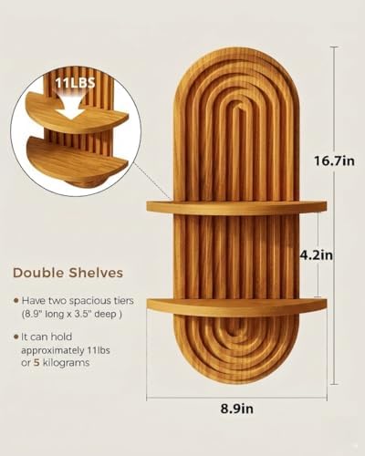Bamworld Boho Wall Decor Plant Wall Shelf Wood Plant Holder 2 Tier Brown - Image 2