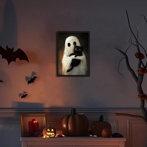 Framed Vintage Halloween Ghost Wall Art, Cute Ghost Hugging Black Cat Canvas - Image 2