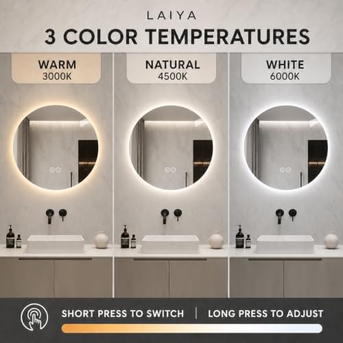 LAIYA 36 Inch Round LED Bathroom Mirror Frameless Backlit Anti-Fog Dimmable - Image 3