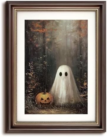 Vintage Fall Wall Art, Cute Halloween Ghost Brown Framed Canvas Picture by VIYYIEAART