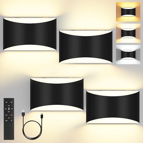 Battery Operated Wall Sconces Set of 4 Rechargeable Wireless Black by FOLKSMATE