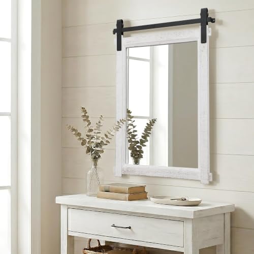 Besdomus Farmhouse Bathroom Vanity Mirror: 24"x36" White Rustic Barn Door - Image 6