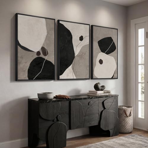 Large Framed Black and White Abstract Wall Art, 3 Piece Set, Each 24x36 In - Image 4