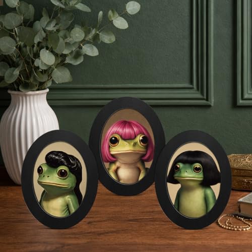3Pcs Funny Haircut Frog Oval Wall Art Framed Meme Whimsical Decor - Image 4