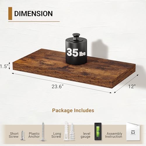 Vivelove 12 Inch Deep Floating Shelves, 24 x 12 Inch, Rustic Brown - Image 3