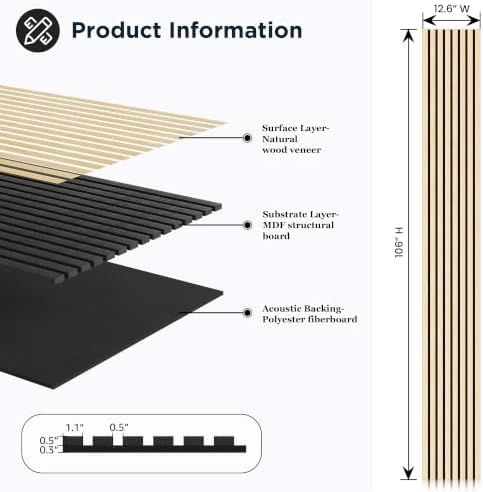 Acoustic Wood Slat Wall Panels, 106”H x 12.6”W - Image 2
