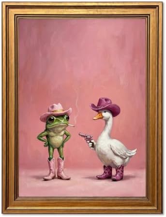 Vintage Gold Framed Western Wall Art, Funny Cowboy Frog and Duck Pictures Wall by Unknown