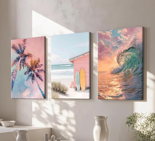 3Pcs Coastal Beach Wrapped Canvas Wall Art, Preppy Tropical Summer Decor - Image 3