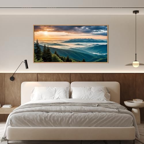 LHIUEM Large Nature Mountain Sunrise Framed Canvas Wall Art, Modern Misty Tree - Image 5