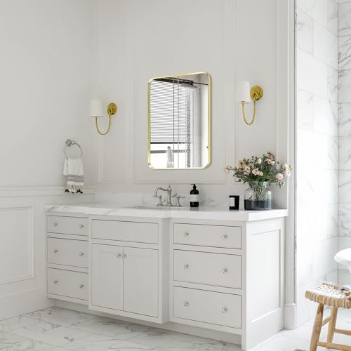 Gold Bathroom Mirror 18x24in, Metal Framed Rounded Rectangle Wall - Image 2