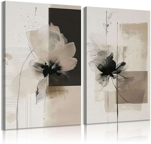 2Pcs Framed Neutral Abstract Canvas Wall Art Floral Pictures Modern Minimalist by Unknown