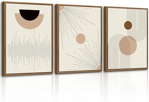 3 Pcs Boho Beige Geometric Lines Framed Canvas Minimalist Wall Art 16"x24" by WENGTIAO