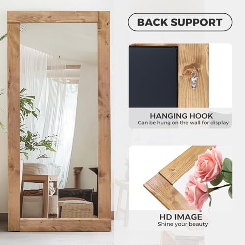 71x32in Full Length Mirror, Solid Wood Convex Frame, Light Brown - Image 3