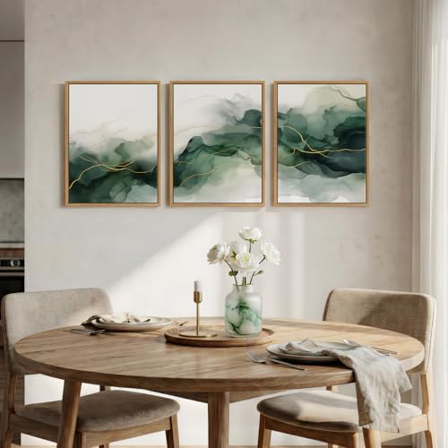 Framed Abstract Minimalist Watercolor Green Gold Wall Art Bedroom, 12x16 In - Image 4