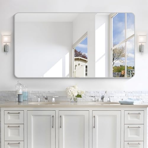 55x30 Inch Silver Bathroom Mirror, Large Rectangular Vanity Mirror, Metal - Image 2