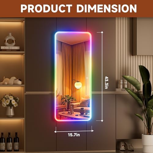 Hasipu 43"x15.7" LED RGB Door Mirror Full Length, Full Body Full Length Over - Image 4