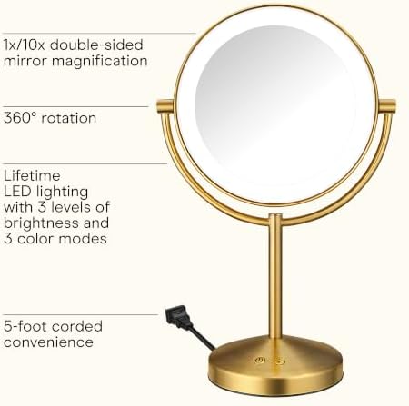 Conair LED Vanity Mirror, Double-Sided, 10x Maginification, Brushed Brass - Image 2