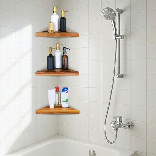 ENKEZI Acacia 2, 3 Tiers Corner Shower Shelf, Triangular Corner Shelf Wooden - Image 6
