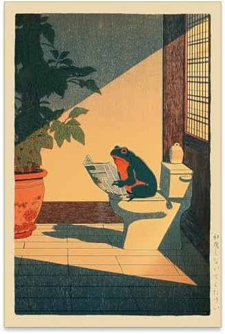 Japanese Frog Wall Art Cute Animal Canvas Print Funny Frog On The Toilet by Unknown