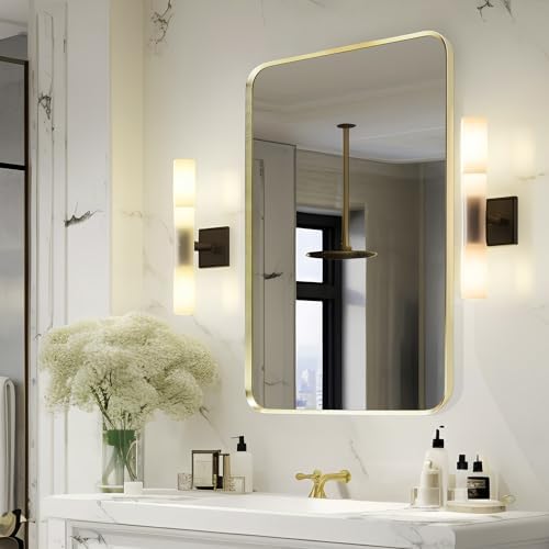 Gold Bathroom Mirror 24x36in, Metal Framed Rounded Rectangle Wall by Minuover