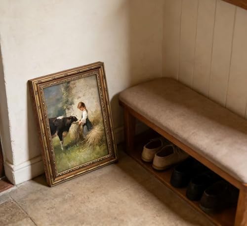 Vintage Gold Framed Farmhouse Canvas Wall Art, Retro Rustic Girl Feeding Cow - Image 3
