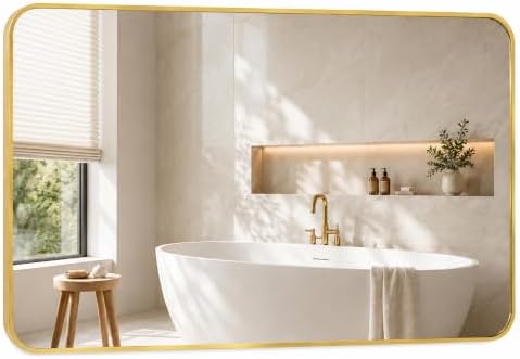 30x48 Inch Brushed Gold Rounded Rectangle Bathroom Vanity Mirror by Pocetry