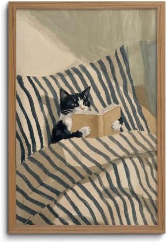Framed Whimsical Wall Art Tuxedo Cat Reading Book Canvas Print Decor by ZMDDYSWallArt