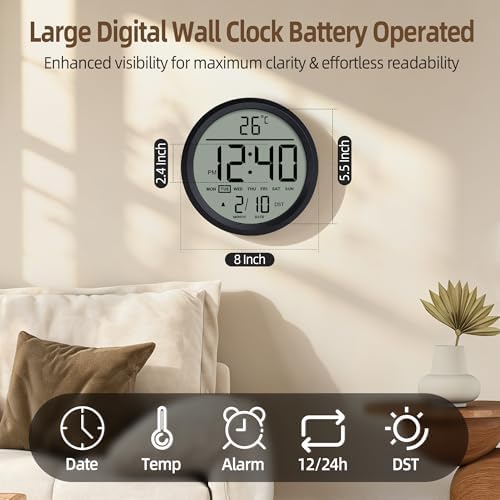 8" Round Digital Wall Clock Battery Operated - Image 2