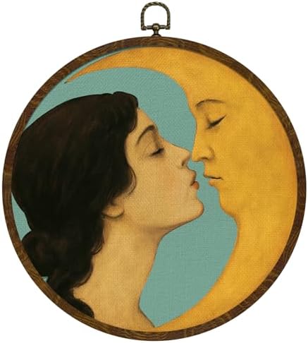Retro Celestial Decor, Romantic Moon and Young Girl Round Wall Art, by KLYTINK